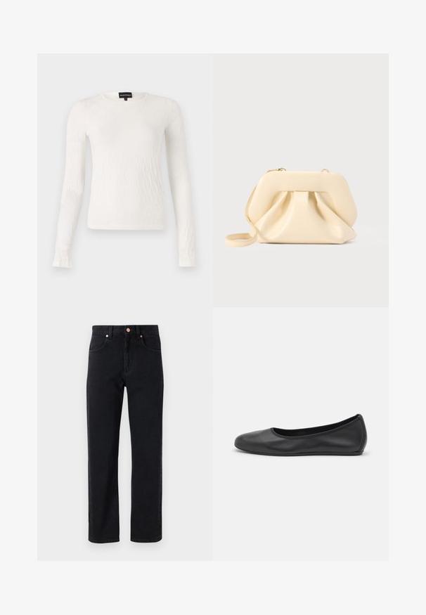 Hvidt langærmet top med et struktureret, vævet mønster. Rund hals og tætsiddende design. Blødt stof med let glans.; Sorte denim jeans med lige ben, fem-lomme design, kobberknap detaljer og minimal syning synlig.; Sort læderballetsko med rund tå, glat tekstur, minimal syning og et fleksibelt såldesign.; Beige blød læder clutch-taske med struktureret ramme og rynket frontdetalje, med en tynd håndledsrem og guldlås.