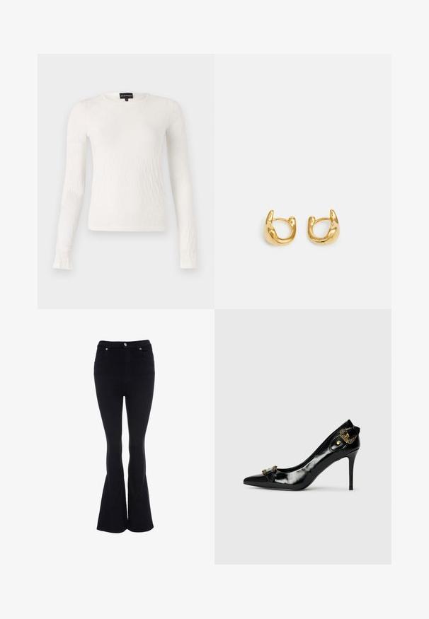 Witte lange mouwen top met een textuur, geweven patroon. Ronde halslijn en slim fit ontwerp. Zachte stof met een lichte glans.; Zwarte jeans met hoge taille, voorzakken, knoopsluiting en uitlopende pijpen naar onderen toe.; Zwarte gepatenteerde leren hoge hak schoen met een spitse neus, een strikdetail aan de voorkant en een decoratieve goudkleurige hardware accent aan de achterkant.; Gouden creolen met een gladde, ronde vorm en een gepolijste afwerking. De oorbellen hebben een compacte, robuuste vorm en een naadloze sluiting.