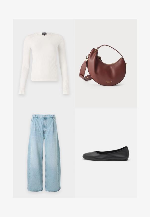 Haut à manches longues blanc avec un motif texturé tissé. Encolure ronde et design ajusté. Tissu doux avec un léger éclat.; Pantalons en denim bleu clair à larges jambes avec des plis à l'avant, une fermeture à bouton et des ourlets droits, présentant une texture décolorée sur l'ensemble.; Ballerines en cuir noir avec un bout rond, texture lisse, détails de couture minimalistes et design de semelle flexible.; Sac à main en cuir marron en forme de croissant avec fermeture éclair dorée et bandoulière réglable sur fond blanc.