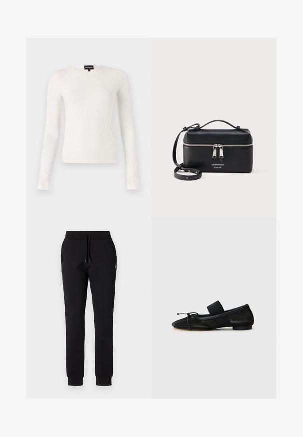 Top blanco de manga larga con un patrón texturizado y tejido. Cuello redondo y diseño ajustado. Tejido suave con un ligero brillo.; Pantalones de chándal negros de tela suave, con cintura elástica y cordón ajustable, y piernas ajustadas con puños acanalados. Detalle de pequeño logotipo.; Zapato plano negro con punta afilada, hecho de tela texturizada, con un lazo como adorno y un pequeño tacón redondo. Banda elástica en el tobillo.; Bolso bandolera rectangular de piel negra con doble cremallera plateada y correa ajustable, con el logo de Emporio Armani y el texto Milano 1981.