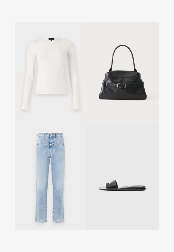 Top blanco de manga larga con un patrón texturizado y tejido. Cuello redondo y diseño ajustado. Tejido suave con un ligero brillo.; Jeans de mezclilla azul claro con cintura alta y corte recto. Presenta un desgaste sutil, diseño estándar de cinco bolsillos y cierre de botón metálico.; Sandalias negras de slide con una parte superior ancha, textura de cuero suave, diseño de punta abierta y detalle en dorado en la correa. Suela plana.; Bolso de cuero negro con una sola correa para el hombro y un cinturón decorativo con una hebilla plateada en la parte delantera.