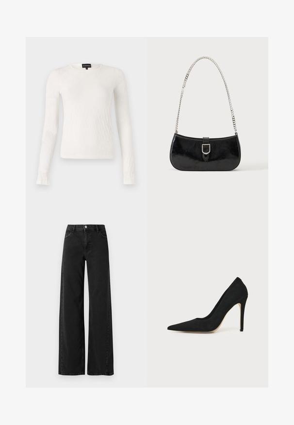 Witte lange mouwen top met een textuur, geweven patroon. Ronde halslijn en slim fit ontwerp. Zachte stof met een lichte glans.; Zwarte denim jeans met wijde pijpen en een hoge taille, met klassieke vijf-pocket styling en een knoopsluiting. Gladde textuur en subtiele stikdetails.; Zwarte hoge hakken stiletto pump met spitse neus en een gladde structuur, zijaanzicht op een effen lichte achtergrond.; Zwarte lakleren schoudertas met een zilveren gespdetail en een zilveren kettingriem, getoond tegen een effen lichte achtergrond.