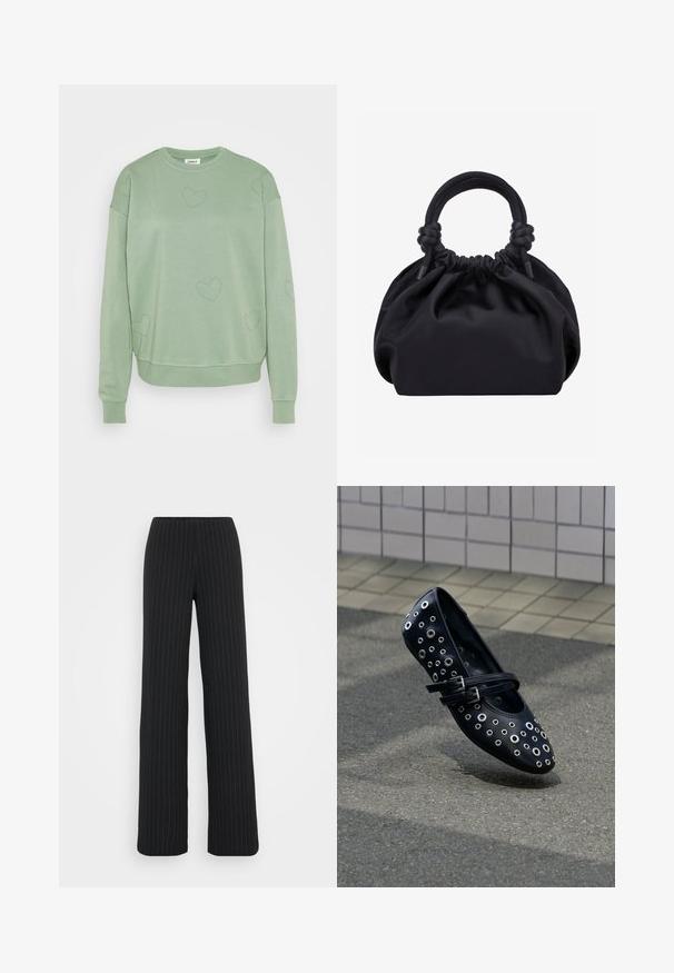 Sudadera verde claro hecha de un material suave con un ajuste relajado. Presenta adornos en forma de corazón y puños y dobladillo acanalados.; Vero Moda Tall VMBERLIN MY WIDE - Pantalones - obsidian/oatmeal; Zapato plano de cuero negro con cortes circulares y ojales decorativos. Cuenta con doble correa ajustable y diseño de puntera redondeada.; Bolso de tela negra suave con parte superior fruncida y asas redondeadas anudadas en la base, sobre un fondo claro y liso.