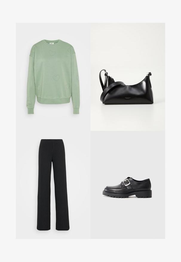 Svetlozelená mikina vyrobená z jemného materiálu s voľným strihom. Má ozdoby v tvare srdca a rebrované manžety a lem.; Vero Moda Tall VMBERLIN MY WIDE - Nohavice - obsidian/oatmeal; Čierne kožené topánky s okrúhlou špičkou, s bočným detailom na pracku a hrubou, robustnou podrážkou. Hladká textúra s minimom šitia.; Čierna kožená kabelka s hladkou textúrou. Obsahuje nastaviteľný popruh a elegantný, minimalistický dizajn so zipsovým uzatvorením.
