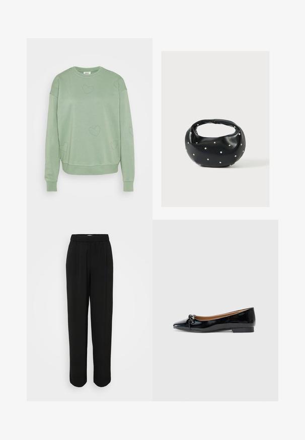 Lysegrønt sweatshirt lavet af blødt materiale med en afslappet pasform. Har hjerteformede dekorative elementer samt ribstrikkede manchetter og kant.; Sorte bukser med løs pasform, elastisk talje og lige ben. Lavet af glat stof uden synlige mønstre eller metaldele.; Sorte patenterede læderballetsko med spidse tæer, lille sløjfedetail foran og en lav, firkantet hæl. Glat, skinnende tekstur.; Sort læderhåndtaske med en rundet form, dekoreret med sølvnitter, og et kort håndtag. Glat tekstur og lynlåslukning.