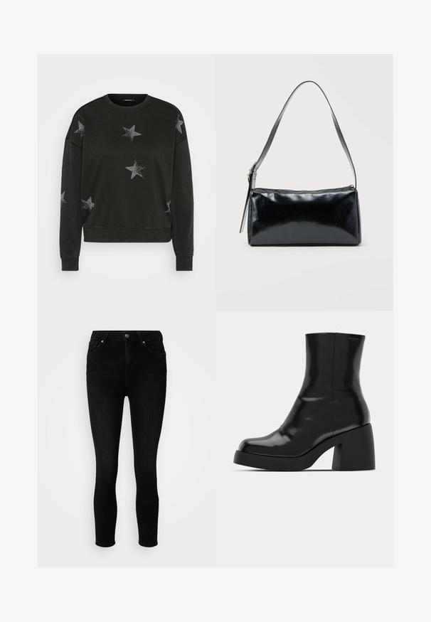 Zwarte lange mouwen crewneck sweatshirt versierd met witte strass sterrenpatronen op de voorkant, mouwen en schouders.; ONLY Petite ONLPOWER MID PUSH UP - Jeans Skinny Fit - washed black; Zwarte enkellaarzen met een glanzende afwerking, vierkante neus en een dikke blokhak. Het ontwerp heeft een naadloze silhouet en minimale branding.; Zwarte rechthoekige schoudertas met een enkele verstelbare band en een bovenste ritssluiting op een effen achtergrond.