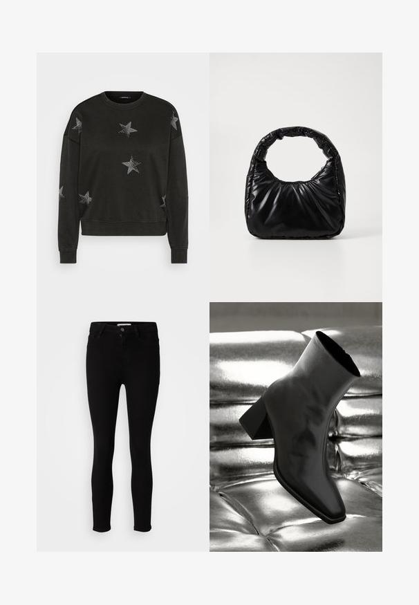 Schwarzer Langarm-Pullover mit Rundhalsausschnitt, verziert mit weißen Strass-Sternmustern auf der Vorderseite, den Ärmeln und den Schultern.; Schwarze Slim-Fit-Jeans mit Knopf- und Reißverschluss, Front- und Gesäßtaschen, auf einem neutralen weißen Hintergrund präsentiert.; Schwarzer Knöchelstiefel aus glänzendem Material mit quadratischer Zehenform und verjüngtem Absatz, vor einem glänzenden silbernen gepolsterten Hintergrund.; Schwarze gepolsterte Handtasche mit einem runden Griff, die eine glatte, glänzende Oberfläche und eine weiche, gestepfte Textur aufweist. Keine sichtbare Hardware oder Akzente.