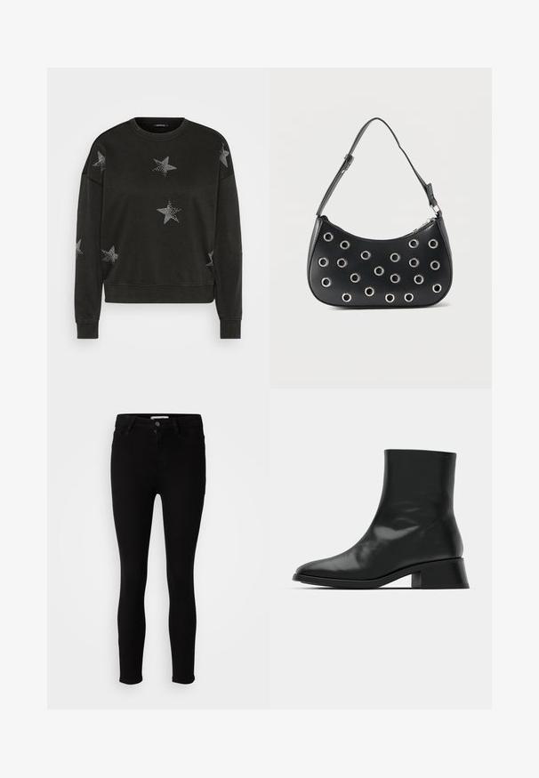 Schwarzer Langarm-Pullover mit Rundhalsausschnitt, verziert mit weißen Strass-Sternmustern auf der Vorderseite, den Ärmeln und den Schultern.; Schwarze Slim-Fit-Jeans mit Knopf- und Reißverschluss, Front- und Gesäßtaschen, auf einem neutralen weißen Hintergrund präsentiert.; Schwarze Ankle Boots aus glänzendem Leder, mit einem eleganten Design, spitzer Zehenpartie und einem moderaten Blockabsatz für Stabilität.; Schwarze Lederschultertasche mit verstellbarem Riemen, ausgestattet mit silbernen Metallösenverzierungen und einem Reißverschluss an der Oberseite.
