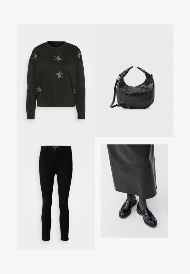 Schwarzer Langarm-Pullover mit Rundhalsausschnitt, verziert mit weißen Strass-Sternmustern auf der Vorderseite, den Ärmeln und den Schultern.; Schwarze Slim-Fit-Jeans mit Knopf- und Reißverschluss, Front- und Gesäßtaschen, auf einem neutralen weißen Hintergrund präsentiert.; Schwarze Lederloafers mit glatter Oberfläche, verziert mit einem dekorativen Riemen, runder Zehenpartie und texturierten Sohlen. Getragen mit einem langen schwarzen Lederrock.; Schwarze gewebte Lederhandtasche mit kurzem Griff und abnehmbarem Schulterriemen, präsentiert vor einem schlichten hellen Hintergrund.