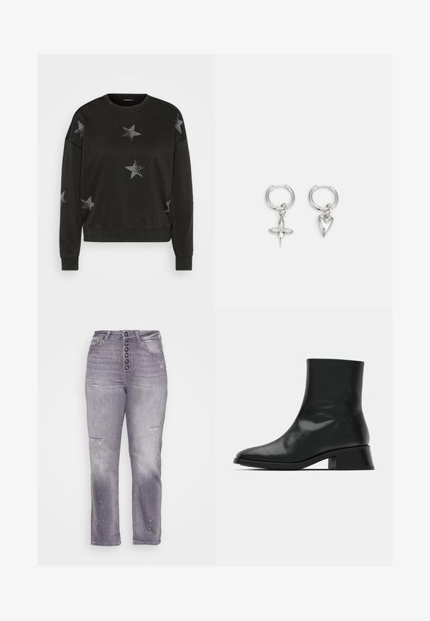 Must mustahed sweatshirt, mille pikad varrukad, kaunistatud valgete sädelevate tähtede mustritega ees, varrukatel ja õlgadel.; ONLY Petite ONLEVELINA - Sirgete säärtega teksad - grey denim; Must musta, tehtud läikivast nahast, omades elegantset disaini, teravat varvast ja mõõdukat plokknina, mis tagab stabiilsuse.; Hõbedased rõngassõrmused, millel on risti ja südame ripats. Siledad, läikivad pinnad koos poleeritud viimistlusega. Iga ripats ripub kindlas silmus.