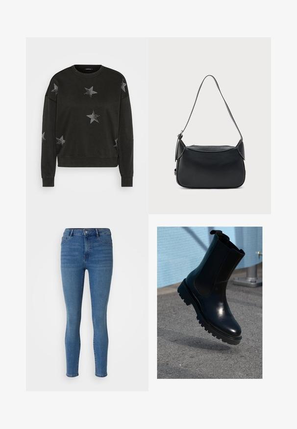 Must mustahed sweatshirt, mille pikad varrukad, kaunistatud valgete sädelevate tähtede mustritega ees, varrukatel ja õlgadel.; Kitsad teksad keskmises sinises denimis, millel on ees nupulukk, vöökohavad ja viie tasku stiil sujuva tekstuuriga.; Mustast nahast pahkluu saabastega, millel on elastsed külgmised paneelid, ümardatud varvas ja paks, tekstuuriga tallaosa. Silmapaistev viimistlus minimaalse disainiga.; Mustast nahast õlakott, millel on sile tekstuur, ümar kuju ja õhuke rihm. Varustatud lukuga ja minimaalsete riistvara detailidega.