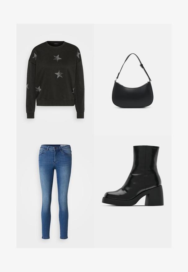 Schwarzer Langarm-Pullover mit Rundhalsausschnitt, verziert mit weißen Strass-Sternmustern auf der Vorderseite, den Ärmeln und den Schultern.; Schmale Jeans aus mittelschwerem Denim, in verblasstem Blau, mit fünf Taschen, glatter Textur und leichtem Stretch.; Schwarze Stiefeletten mit glänzender Oberfläche, quadratischer Zehenpartie und dicker Blockabsatz. Das Design zeichnet sich durch eine nahtlose Silhouette und minimalistische Markenkennzeichnung aus.; Pieces PCALUANA SHOULDER BAG - Handtasche - black