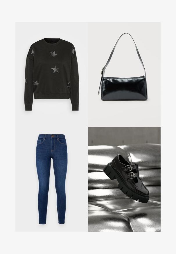 Schwarzer Langarm-Pullover mit Rundhalsausschnitt, verziert mit weißen Strass-Sternmustern auf der Vorderseite, den Ärmeln und den Schultern.; Dunkelblaue, enge Jeans mit hoher Taille, klassischem Fünf-Taschen-Design, dezenten Kontrastnähten und einem Metallknopfverschluss.; Schwarzer Schuh mit klobiger Sohle und doppelten silbernen Schnallen, der über einer glänzenden metallisch silbernen, gesteppte Oberfläche schwebt.; Schwarze rechteckige Schultertasche mit einem verstellbaren Riemen und einem oberen Reißverschluss vor einfachem Hintergrund.