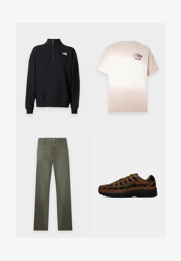 Must värvi poolsaap, mis on valmistatud pehmest kangast, kõrge kaeluse, sooniku ümbrike ja valge logoga vasakul rindkeres.; Nike t-särk beežist kreemjani ombré värvitoonis, lühikeste varrukatega, ümar kaelusega, vasaku rinna ülaosas väike pruun logo. Pehme puuvillane materjal.; Oliivrohelised sirge lõikega püksid vööaasade, eesmiste taskute ja vöökohal nööpkinnitusega.; Pruunid ja mustad madalad tossud rohelise Nike swooshiga, kollaste ja mustade paeltega ning musta tallaga, külgvaade üheltoonelisel taustal.
