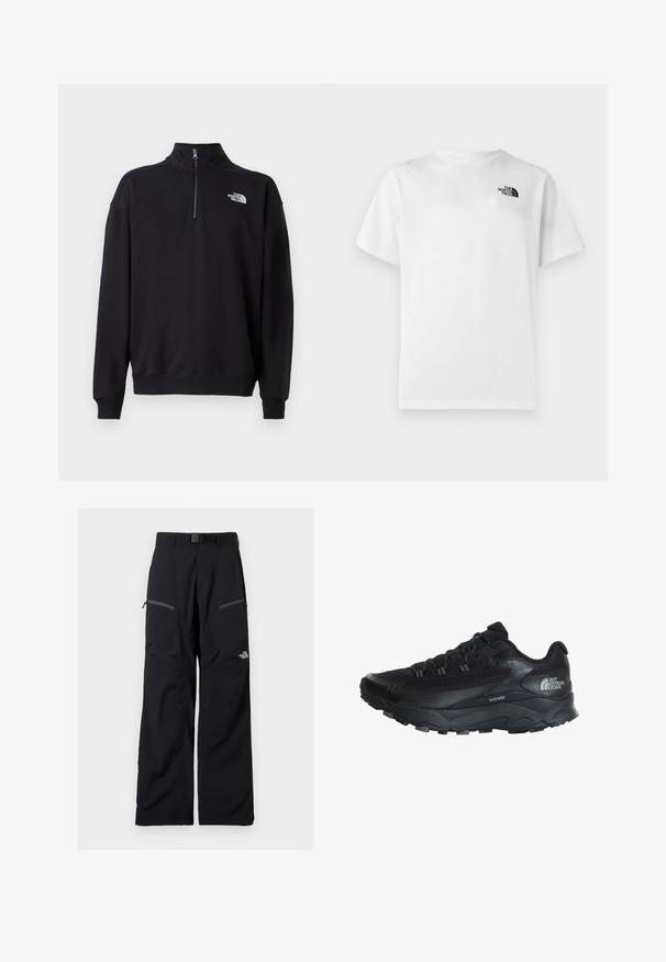 Zwarte half-zip sweatshirt van zacht materiaal, met een hoge kraag, geribde manchetten en een wit logo op de linkerborst.; Wit katoenen T-shirt met korte mouwen en een ronde hals. Voorzien van een klein zwart logo aan de bovenkant aan de linkerkant. Glad oppervlak.; Zwarte outdoorbroek met verstelbare riem, twee met rits afsluitbare dijbeenzakken en het The North Face-logo op het rechterbeen.; Zwarte sportieve schoen met een ademende mesh bovenkant, rubberen zool, gestructureerde accenten en een versterkte neuscap voor duurzaamheid.