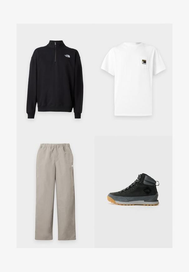 Zwarte half-zip sweatshirt van zacht materiaal, met een hoge kraag, geribde manchetten en een wit logo op de linkerborst.; Wit katoenen t-shirt met korte mouwen en een borstzakje met een berglogo in zwart en goud. Eenvoudig, onopgesmukt ontwerp.; Beige rechte broek met elastische tailleband en een klein wit logo op het rechter zijnnaad.; Zwarte hoge wandelboots gemaakt van gestructureerd suede en synthetische materialen, met grijze accenten, een robuuste rubberen zool en grijze veters.