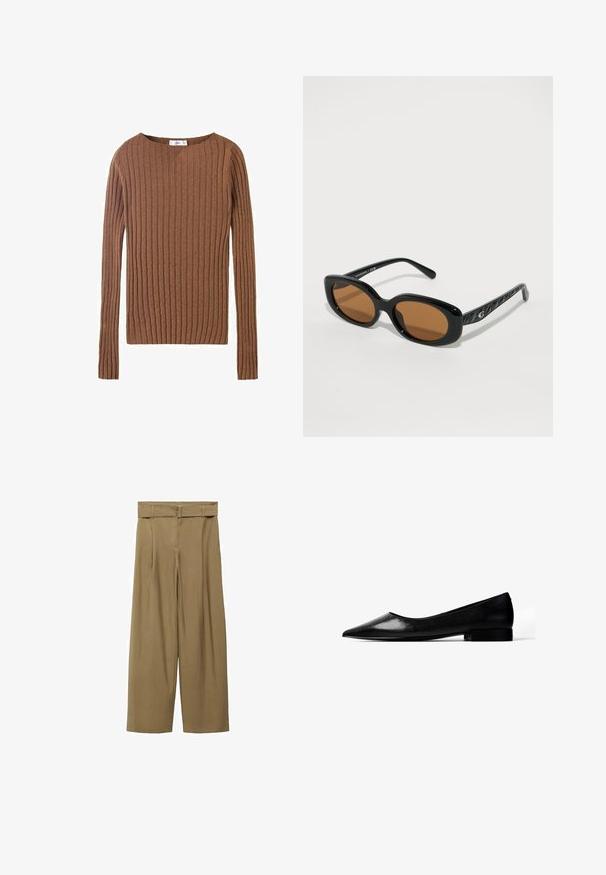 Brun ribbet langærmet sweater med rund halsudskæring, der viser et tekstureret stof, som fremhæver lodrette linjer. Enkel og tætsiddende design.; Beige vidde benbukser med høj talje og bæltefunktion. Fremstillet af struktureret stof, har de frontfolder og et minimalistisk design.; Sort læder flad sko med spids tå og lav blokhæl set i siden mod en hvid baggrund.; Sorte rektangulære solbriller med brun tonede linser og quiltede mønstrede arme på en hvid baggrund.