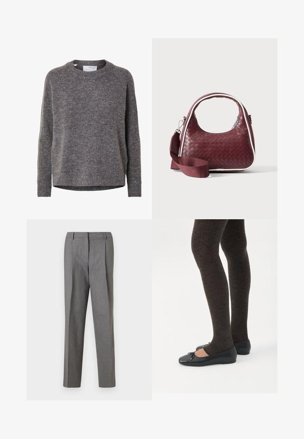 Langærmet grå uldsweater til kvinder med rund hals, ribstrikkede manchetter og kant, mærket Selected Femme.; Grå skræddersyede bukser med et tekstureret stof, der har et lige ben-design, folder foran og en talje uden synbare hardware.; Ben iført mørke ribbede leggings kombineret med sorte balletsko med små sløjfedetaljer på hvid baggrund.; Mørkerød vævet lædertaske med buet hank, hvid kant, sølv lynlås og aftagelig bred stofskulderrem mod en ensfarvet baggrund.
