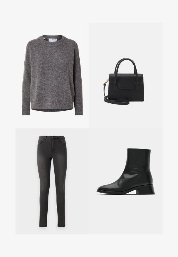Pull en laine gris à manches longues pour femme, col rond, poignets et ourlet côtelés, étiqueté Selected Femme.; Jean skinny noir avec une texture en denim lisse, design à cinq poches et fermeture à bouton en métal à la taille.; Bottine noire en cuir brillant, au design épuré, avec un bout pointu et un petit talon bloc pour plus de stabilité.; Sac à main structuré noir en cuir avec une poignée supérieure, une bandoulière détachable et un détail à rabat à l'avant. Accents en matériel doré.