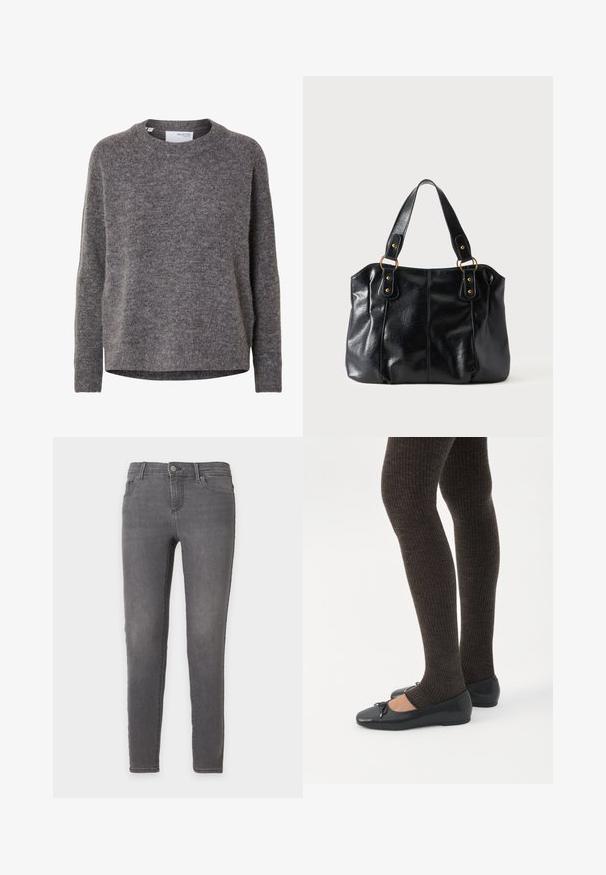 Pikkade varrukatega naiste hall villane kampsun ümara kaelusega, soonikkoes mansettide ja äärega, sildiga Selected Femme.; Hallid slim fit teksapüksid ees oleva nööbi, luku ja viie tasku disainiga tavalise valge tausta peal.; Jalad seljas tumedad soonelises soonelises kombines mustade baleriinadega, millel on väikesed paelade detailid valgel taustal.; Must nahast õlakott topelt rihmadega, mis on kinnitatud kuldsete rõngaste ja naeltega, siledapind ja veidi läikiv pind, lihtne disain.