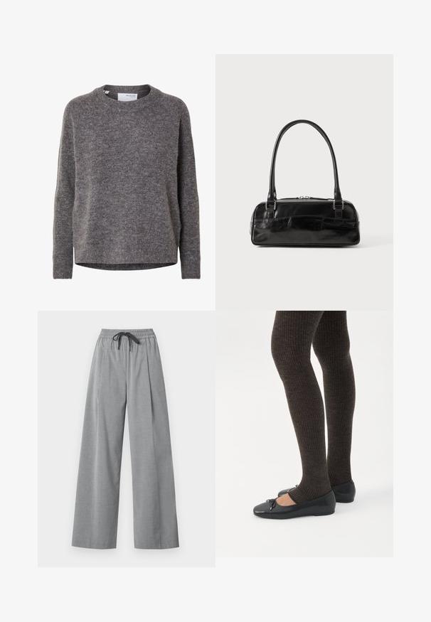 Damesgrijze wollen trui met lange mouwen, ronde hals, geribde manchetten en zoom, gelabeld Selected Femme.; Lichtgrijze broek met wijde pijpen, elastische tailleband en zwart trekkoord, gemaakt van gladde stof, weergegeven op een witte achtergrond.; Benen met donkere geribbelde leggings gecombineerd met zwarte ballerina's met kleine strikdetails op een witte achtergrond.; Zwarte leren handtas met een rechthoekige vorm, voorzien van een enkele gestructureerde handgreep, zilveren hardware en ritsluiting. Gladde textuur.