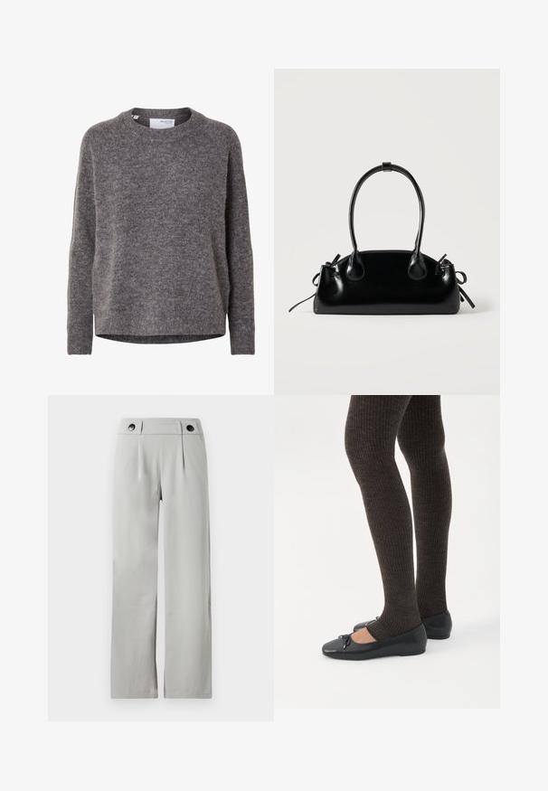 Pull en laine gris à manches longues pour femme, col rond, poignets et ourlet côtelés, étiqueté Selected Femme.; Pantalon large gris clair à taille haute, avec plis sur le devant et deux boutons noirs à la ceinture sur fond blanc.; Jambes portant des leggings côtelés foncés associés à des ballerines noires avec de petits détails en nœud sur fond blanc.; Petit sac à main noir brillant avec deux longues anses et des détails à cordon sur les côtés sur un fond clair uni.