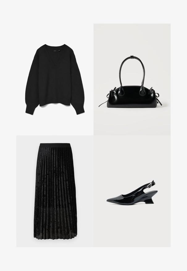 Pull noir en tricot avec un col en V profond, épaules tombantes et poignets et ourlet côtelés. Texture douce avec une coupe oversize. Pas de motifs visibles.; Jupe plissée noire en velours, avec une finition texturée ornée de paillettes brillantes réparties uniformément sur le tissu.; Chaussure slingback en cuir verni noir avec bout pointu et petit talon bloc incliné sur fond clair uni.; Petit sac à main noir brillant avec deux longues anses et des détails à cordon sur les côtés sur un fond clair uni.
