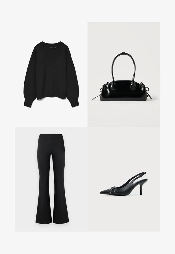 Pull noir en tricot avec un col en V profond, épaules tombantes et poignets et ourlet côtelés. Texture douce avec une coupe oversize. Pas de motifs visibles.; Pantalons évasés noirs en tissu lisse et extensible. Dotés d'une taille haute et de bords évasés pour un look ajusté. Design simple.; Escarpin slingback à talon haut en cuir noir avec bout pointu, boucle et détail de bride œillet à l'avant.; Petit sac à main noir brillant avec deux longues anses et des détails à cordon sur les côtés sur un fond clair uni.