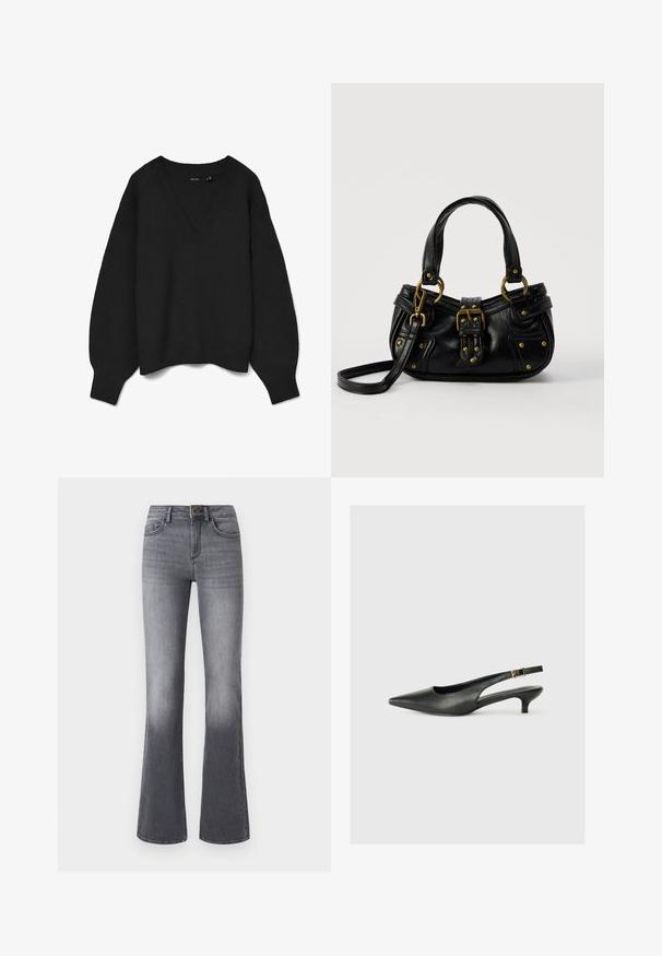 Pull noir en tricot avec un col en V profond, épaules tombantes et poignets et ourlet côtelés. Texture douce avec une coupe oversize. Pas de motifs visibles.; Jean flare taille haute en denim gris foncé, avec poches frontales, fermeture à bouton et légère décoloration vers l'ourlet.; Chaussure slingback noire à bout pointu en cuir lisse. Présente un talon fin et un détail de boucle sur la sangle réglable.; Sac à main en cuir noir avec boucle dorée et détails à rivets, poignées courtes et bandoulière réglable sur fond blanc uni.