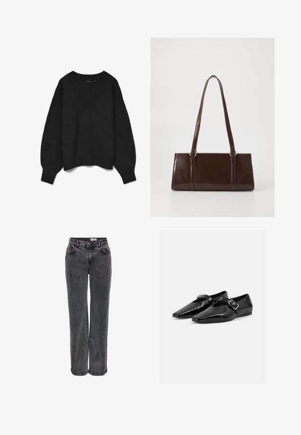 Pull noir en tricot avec un col en V profond, épaules tombantes et poignets et ourlet côtelés. Texture douce avec une coupe oversize. Pas de motifs visibles.; Jeans en denim noir au design droit, avec poches avant, passants de ceinture et une texture légèrement délavée.; Paire de chaussures plates en cuir verni noir à bouts pointus avec une bride à boucle sur le dessus, montrée sur un fond clair uni.; Sac à main en cuir verni marron de forme rectangulaire, avec deux longues poignées et des accents courbés subtils à l'avant.
