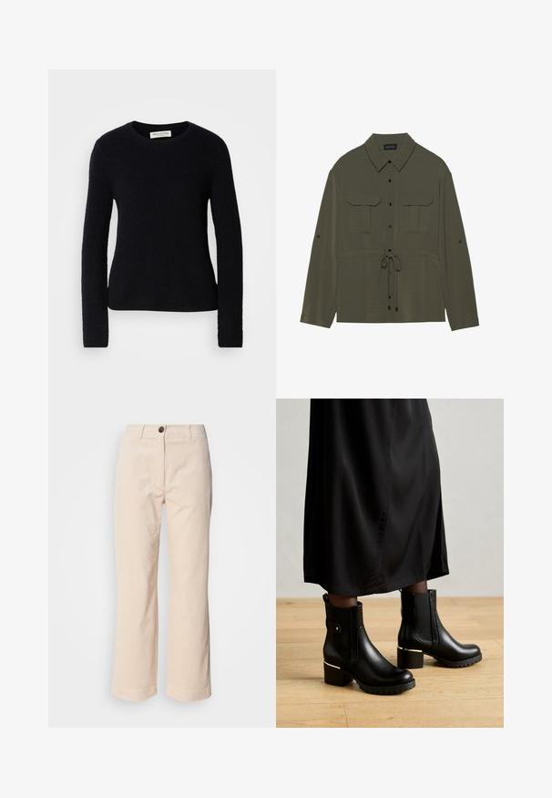 Zwarte longsleeve crewneck trui met een zachte, fuzzy textuur, slim fit en een Marc O’Polo label binnenin de kraag.; Olivengroene shirtjacket met een knoopsluiting aan de voorkant, twee borstzakken en een trekkoord in de taille. Beschikt over een klassieke kraag en lange mouwen.; Beige corduroy broek met rechte benen, voorkant met knoopsluiting en zijzakken, zichtbaar op een witte achtergrond.; Zwarte leren enkellaarsjes met een stevige hak, gouden hardwareaccent, gestructureerde zool en elastische zijkanten, gecombineerd met een zwarte rok.