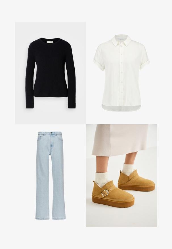 Zwarte longsleeve crewneck trui met een zachte, fuzzy textuur, slim fit en een Marc O’Polo label binnenin de kraag.; Witte blouse met korte mouwen, gemaakt van een lichtgewicht stof, met een knoopsluiting aan de voorkant, een kraag en opgerolde manchetten met een lichtgebogen zoom.; Karl Kani SMALL SIGNATURE FIVE POCKET STRAIGHT LEG DENIM - Relaxed fit jeans - bleached blue; Tan suède enkellaarsjes met een platte zool, voorzien van een gespband en een zachte binnenvoering, gecombineerd met geribbelde crèmekleurige sokken.