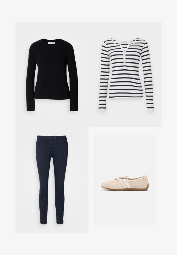 Zwarte longsleeve crewneck trui met een zachte, fuzzy textuur, slim fit en een Marc O’Polo label binnenin de kraag.; Lang-geverfde, gestreepte T-shirt in wit en marineblauw. Geribbeld textuur met een ronde halslijn en een knoopsluiting met vier knopen aan de voorkant.; Marineblauwe broek gemaakt van een gladde stof, met voorzakken, een knoopsluiting en een slim fit ontwerp.; Beige suède platte schoen met twee witte leren strepen aan de zijkant, een bruine zool en een trekkoordsluiting bovenop.