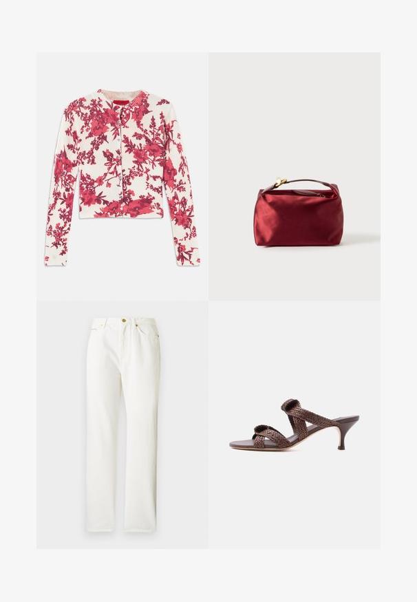 Cardigan à motifs floraux rouges en tissu doux et extensible, avec un col rond et des poignets côtelés, featuring une fermeture à boutons sur le devant.; Pantalons en denim blanc avec une coupe droite, dotés d'une fermeture à bouton sur le devant et d'une texture subtile. Comprend des poches latérales et un matériel minimal.; Sandale mule en cuir tressé marron avec deux brides et un petit talon bas sur fond blanc uni.; Trousse de maquillage en satin bourgogne de forme rectangulaire, avec fermeture éclair et une poignée courte. Présente un design minimaliste et une texture lisse.