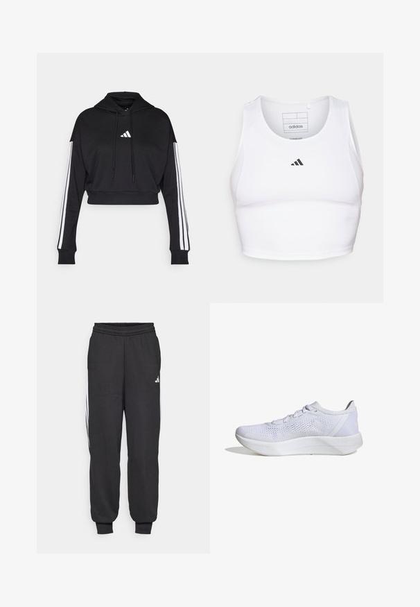 Sort cropped hoodie med en frontkangaroo-lomme, justerbare snore og hvide tre-stribe accenter på ærmerne. Har logo.; Hvid atletisk crop top lavet af letvægts, åndbart stof. Har mesh-sider og sort broderet logo på brystet.; Sorte træningsbukser med elastisk talje, indsnævrede ankler og hvide sidelister. Lavet af blødt stof med en glat tekstur.; Hvide sportssko med en åndbar mesh-overdel, snørebåndsdesign, polstret krave og en struktureret gummisål for bedre greb.