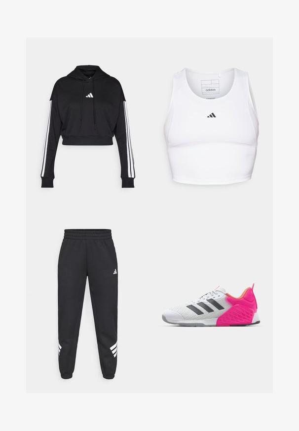Schwarzer, kurz geschnittener Hoodie mit einer vorderen Kängurutasche, verstellbaren Kordelzügen und weißen Drei-Streifen-Akzenten an den Ärmeln. Mit Logo.; Weißes sportliches Crop-Top aus leichtem, atmungsaktivem Material. Mit Mesh-Seitenpanelen und schwarzem, gesticktem Logo auf der Brust.; Schwarze Jogginghose mit elastischem Bund, schmal zulaufenden Beinen und weißem Drei-Streifen-Design an den Seiten. Hergestellt aus weichem Material.; Weißer Sportschuh mit grauen Streifen, Obermaterial aus Mesh sowie pinken Ferse und Akzenten. Mit texturiertem Fersenbereich und Gummisohle. Schnürsenkel und gepolsterter Kragen.