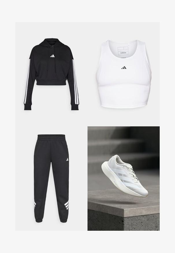 Sort cropped hoodie med en frontkangaroo-lomme, justerbare snore og hvide tre-stribe accenter på ærmerne. Har logo.; Hvid atletisk crop top lavet af letvægts, åndbart stof. Har mesh-sider og sort broderet logo på brystet.; Sorte sweatpants med elastisk talje, tapered ben og hvidt tre-stribedesign på siderne. Lavet af blødt stof.; Hvid atletiksko med en struktureret overlæder, tre laterale striber, polstret sål og rundet tå, placeret over en betongulv.