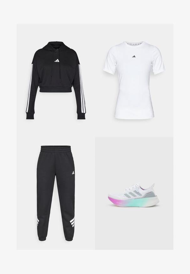 Sort cropped hoodie med en frontkangaroo-lomme, justerbare snore og hvide tre-stribe accenter på ærmerne. Har logo.; Hvid atletisk skjorte med korte ærmer, lavet af glat, strækbart stof. Har et lille sort Adidas-logo på brystet.; Sorte sweatpants med elastisk talje, tapered ben og hvidt tre-stribedesign på siderne. Lavet af blødt stof.; Hvid Adidas løbesko med grå striber og en tyk sål, der går fra pink til grøn, med teksten "Lightboost" og "Ultraboost".