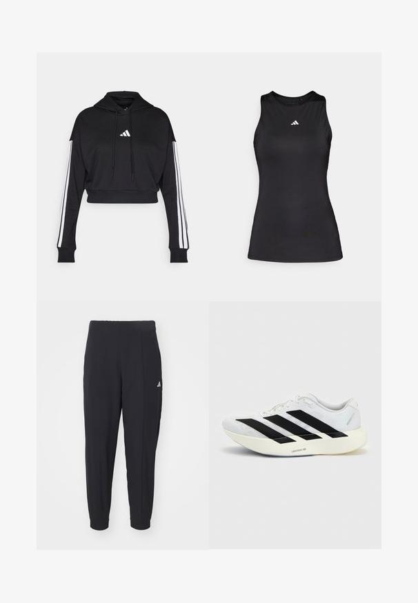 Zwarte cropped hoodie met een voorste kangaroo zak, verstelbare trekkoorden en witte drie-strepen accenten op de mouwen. Bevat een logo.; Zwart mouwloos sporttop gemaakt van gladde stof. Heeft een ronde halslijn en een klein wit Adidas-logo op de borst.; Zwarte sportbroek gemaakt van een gladde stof. Tapervormig ontwerp met elastische boorden. Voorzien van een klein wit logo op de linkerheup.; Witte hardloopschoen met zwart drie-strepen ontwerp aan de zijkant en dikke witte zool met label "Lightstrike Pro" op een effen achtergrond.