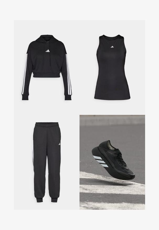 Zwarte cropped hoodie met een voorste kangaroo zak, verstelbare trekkoorden en witte drie-strepen accenten op de mouwen. Bevat een logo.; Zwart mouwloos sporttop gemaakt van gladde stof. Heeft een ronde halslijn en een klein wit Adidas-logo op de borst.; Zwarte sportbroeken met een elastische tailleband, taps toelopende enkels en witte zijkanten. Gemaakt van zachte stof met een gladde textuur.; Zwarte hardloopschoen met witte strepen op de zool, zwevend boven asfalt met witte wegmarkeringen, waarbij kleine stukjes omhoog worden gestoten.