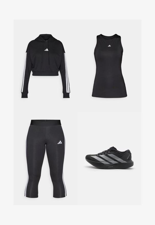 Sort cropped hoodie med en frontkangaroo-lomme, justerbare snore og hvide tre-stribe accenter på ærmerne. Har logo.; Sort ærmeløs atletisk top lavet af glat stof. Har en rund halsudskæring og et lille hvidt Adidas-logo på brystet.; Sorte capri leggings med en bred talje, udstyret med hvide sideløsninger og et hvidt Adidas-logo på venstre lår. Glat tekstur.; Sort løbesko med sølvstriber, tyk polstret sål mærket "Lightstrike Pro," set fra siden på hvid baggrund.