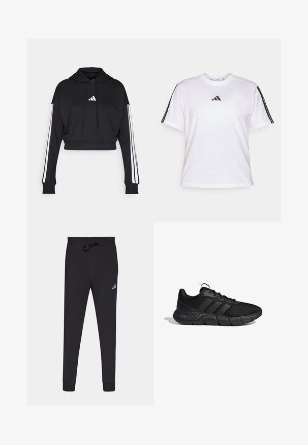 Sudadera corta negra con bolsillo tipo canguro frontal, cordones ajustables y acentos de tres rayas blancas en las mangas. Presenta un logo.; Camiseta de algodón blanca con cuello redondo, mangas cortas y acentos de tres rayas negras en los hombros, con un logo de Adidas en el pecho.; Pantalones deportivos negros hechos de una tela suave, con cintura elástica y cordón, piernas ajustadas y un pequeño logo blanco de Adidas en el muslo izquierdo.; Zapatilla deportiva negra con parte superior de malla, tres rayas laterales, diseño con cordones y suela gruesa texturizada etiquetada "Cloudfoam Flex" sobre fondo blanco.
