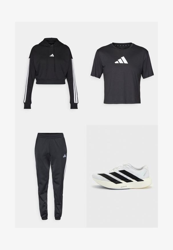 Schwarzer, kurz geschnittener Hoodie mit einer vorderen Kängurutasche, verstellbaren Kordelzügen und weißen Drei-Streifen-Akzenten an den Ärmeln. Mit Logo.; Schwarzes kurz geschnittenes T-Shirt aus glattem Material, mit einem weißen Adidas-Logo auf der Brust, runder Ausschnitt und kurzen Ärmeln.; Schwarze Sporthose mit einem elastischen Bund, schmal zulaufendem Bein und weißen Seitenstreifen. Auf der linken Oberschenkel befindet sich ein kleines graues Trefoil-Logo.; Weißer Laufschuh mit schwarzem Drei-Streifen-Design an der Seite und dicker weißer Sohle mit der Aufschrift "Lightstrike Pro" auf einfarbigem Hintergrund.