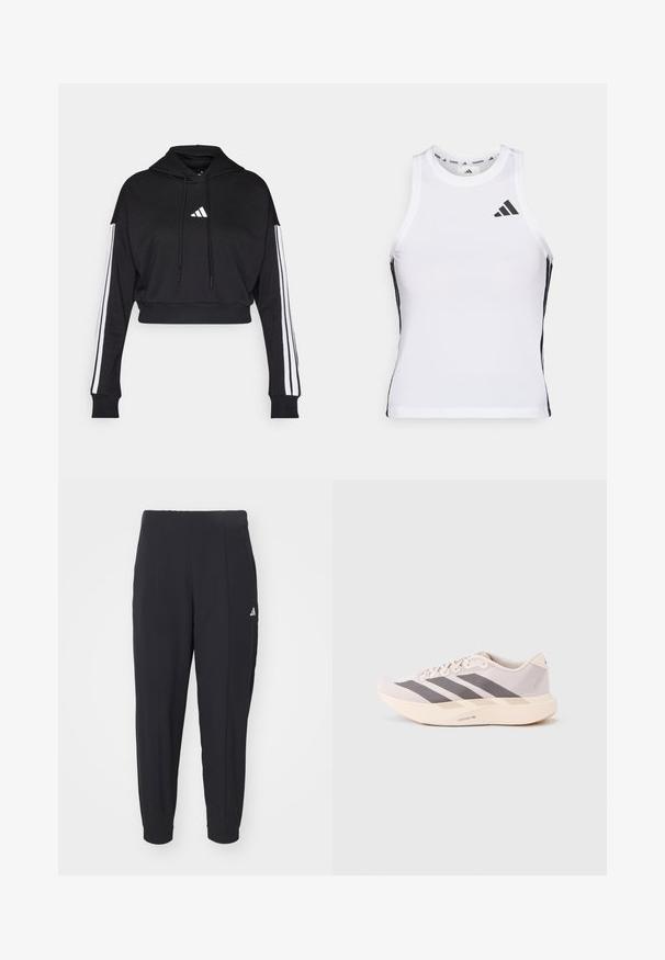 Must tee ülespoole lõigatud kapuutsiga, ees kangaroo tasku, reguleeritavad tõmblukud ja valged kolm riba varrukatel. Omab logo.; Valge sportlik singel, millel on mustad küljeaktsendid ja logo. Omab ümarat kaelust ja lähedast lõiget, valmistatud kergest ja hingavast materjalist.; Mustad mustreeritud sportpüksid, mis on valmistatud siledast kangast. Kitsenev disain elastsete mansettidega. Vasakul puusal on väike valge logo.; Kerged sporditossud helelilla ja halli toonis, millel on võrguline pealmine osa, kolm tumedat triipu ning paks kreemjas tallaosa, millel on silt "LIGHTSTRIKE PRO".