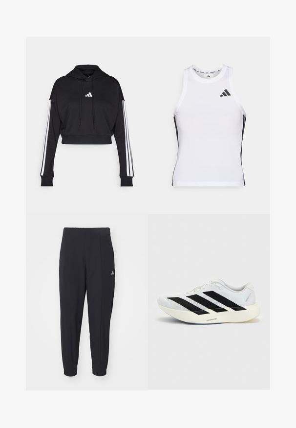 Sort cropped hoodie med en frontkangaroo-lomme, justerbare snore og hvide tre-stribe accenter på ærmerne. Har logo.; Hvid athletic tanktop med sorte sideaccentuer og logo. Har en scoop-neckline og tætsiddende design, lavet af letvægts, åndbart materiale.; Sorte træningsbukser lavet af et glat stof. Taperet design med elastiske manchetter. Har et lille hvidt logo på venstre hofte.; Hvid løbesko med sort tre-stribet design på siden og tyk hvid sål mærket "Lightstrike Pro" på ensfarvet baggrund.