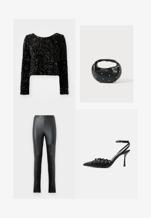 Sort, cropped langærmet top lavet af pailletstof, med en rund halsudskæring og en struktureret overflade af glitrende pailletter.; Sorte leggings lavet af glat, glansfuldt materiale med høj talje og en tætsiddende design. Ingen synlige sømme eller udsmykninger.; Sort spids hæl med bølgede kanter, metaløjer, snørelukning foran og ankelrem med spænde.; Sort læderhåndtaske med en rundet form, dekoreret med sølvnitter, og et kort håndtag. Glat tekstur og lynlåslukning.