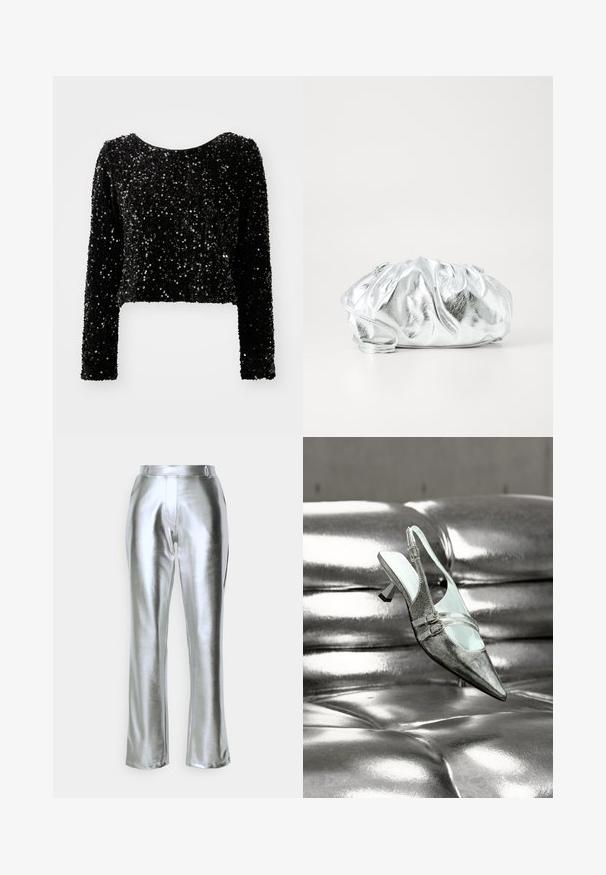 Sort, cropped langærmet top lavet af pailletstof, med en rund halsudskæring og en struktureret overflade af glitrende pailletter.; Vero Moda VMSILVER STRAIGHT PANTS - Bukser - silver-coloured; Sølv høje hæle slingback sko med to spænder, hvilende på en skinnende, tuftet sølv læderoverflade.; Metallisk sølv clutch taske med en blød, samlet krop og en tynd skulderrem. Har en glat, skinnende overflade og rund form.