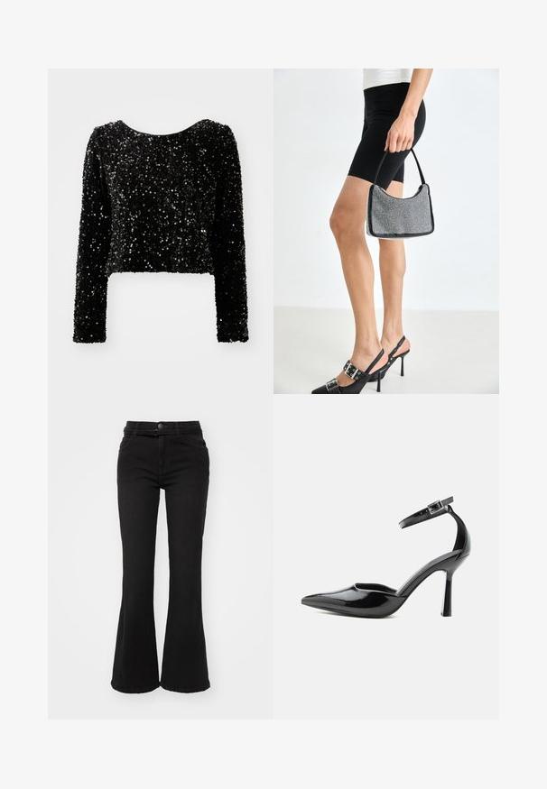 Sort, cropped langærmet top lavet af pailletstof, med en rund halsudskæring og en struktureret overflade af glitrende pailletter.; Sorte flare jeans med høj talje, lavet af denimstof. Har forlommer, knaplukning og en glat tekstur.; Sort laklæder spids tå høj hæl med ankelrem og sølvspænde, stiletthæl, sidevisning på ensfarvet baggrund.; Sort perlehandtaske med en buet silhuet, bærehåndtag og blank overflade. Båret med højhælede sorte sko og tætsiddende sorte shorts.