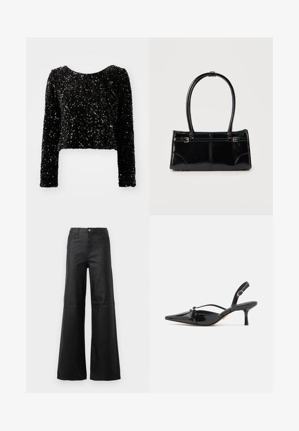 Sort, cropped langærmet top lavet af pailletstof, med en rund halsudskæring og en struktureret overflade af glitrende pailletter.; Sorte brede jeans lavet af glat denim, med knaplukning, forlommer og højtaljede design.; ALDO MARIETTA PILLOW WALK - Pumps - black; Glansfuld sort rektangulær håndtaske med to tynde skulderremme og små guldbeslag foran.