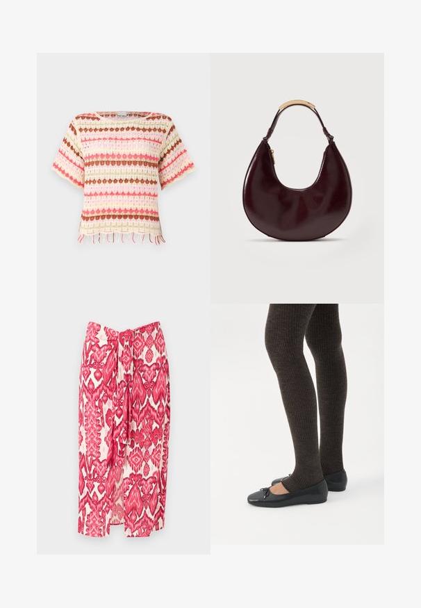 Blonde strikket top med farverige vandrette striber i pink, rød, grøn og brun. Korte ærmer og frynset kantdetalje.; Rød og hvid mønstret midinederdel med bindebånd i taljen og sideslids. Stoffet har et tekstureret, let udseende og et markant ikat-design.; Ben iført mørke ribbede leggings kombineret med sorte balletsko med små sløjfedetaljer på hvid baggrund.; Mørkebrunt læderhåndtaske i halvmåneform med en kort håndtag, der har en metalaccent i guldfarve og en sidelomme med lynlås.